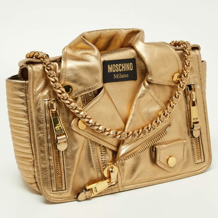 Pre Owned Moschino Gold Leather Large Capsule Biker Jacket Shoulder Bag 