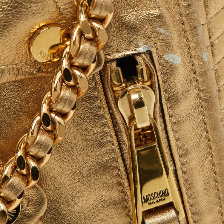 Pre Owned Moschino Gold Leather Large Capsule Biker Jacket Shoulder Bag 