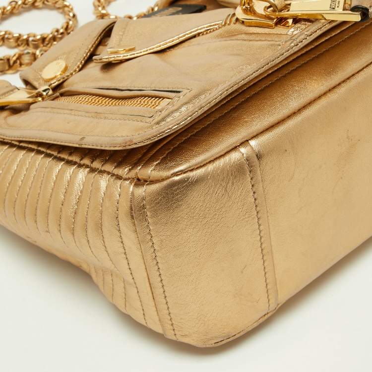 Pre Owned Moschino Gold Leather Large Capsule Biker Jacket Shoulder Bag 