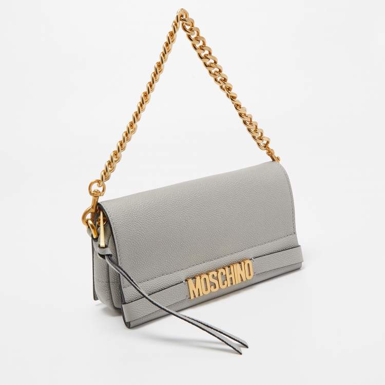 Pre Owned Moschino Grey Grained Leather Logo Flap Chain Clutch