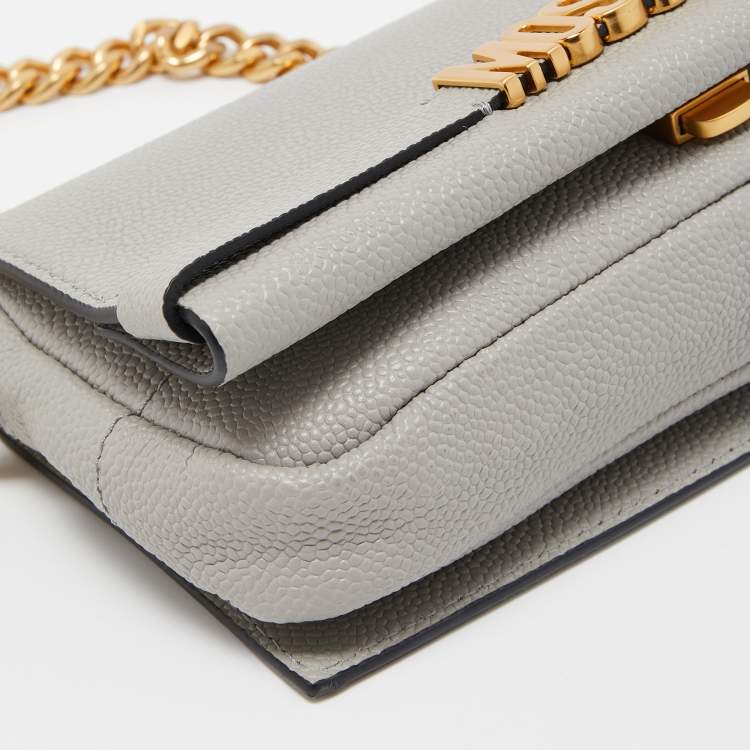 Pre Owned Moschino Grey Grained Leather Logo Flap Chain Clutch