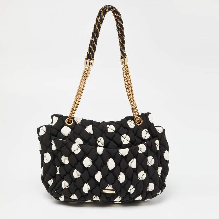 Pre Owned Moschino Black/White Quilted Polka Dots Canvas Flap Shoulder Bag