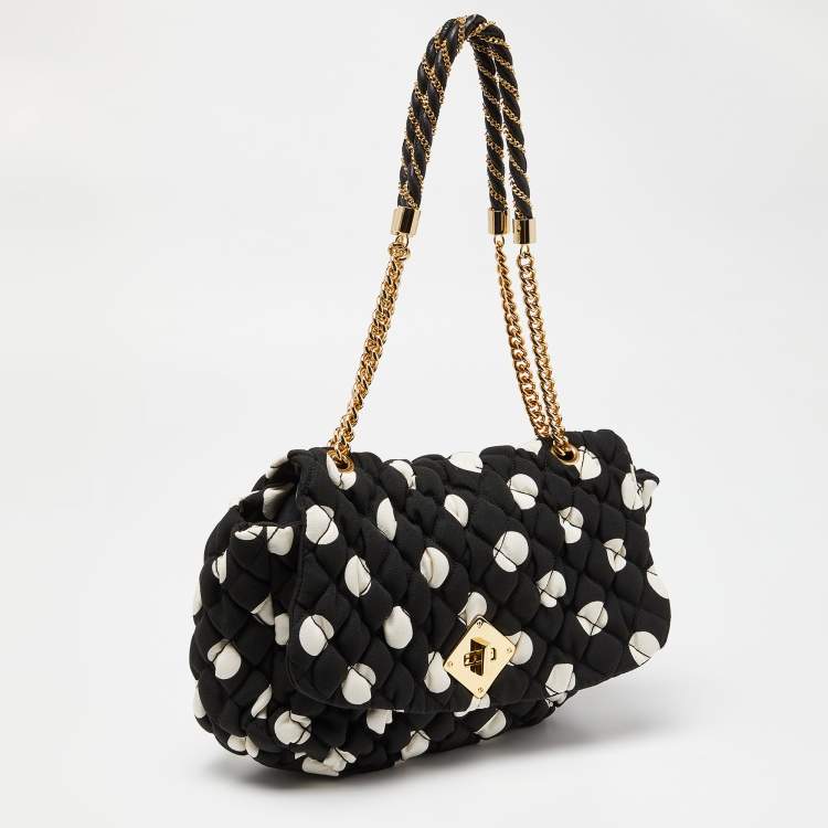 Pre Owned Moschino Black/White Quilted Polka Dots Canvas Flap Shoulder Bag