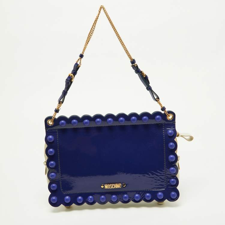 Pre Owned Moschino Purple/White Patent and Leather Studded Flap Shoulder Bag