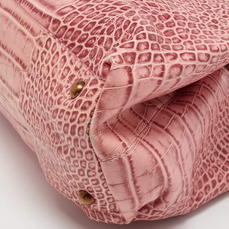 Pre Owned Moschino Pink Croc Embossed Leather Bow Flap Bag
