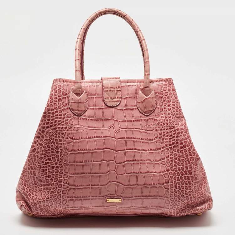 Pre Owned Moschino Pink Croc Embossed Leather Bow Flap Bag