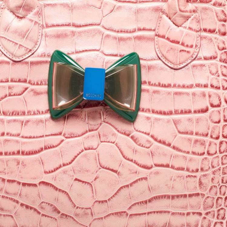 Pre Owned Moschino Pink Croc Embossed Leather Bow Flap Bag
