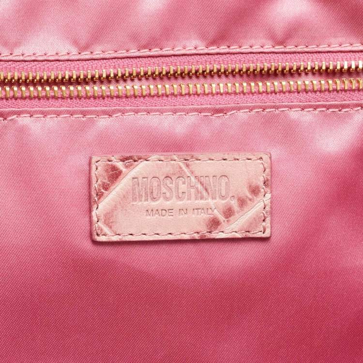 Pre Owned Moschino Pink Croc Embossed Leather Bow Flap Bag