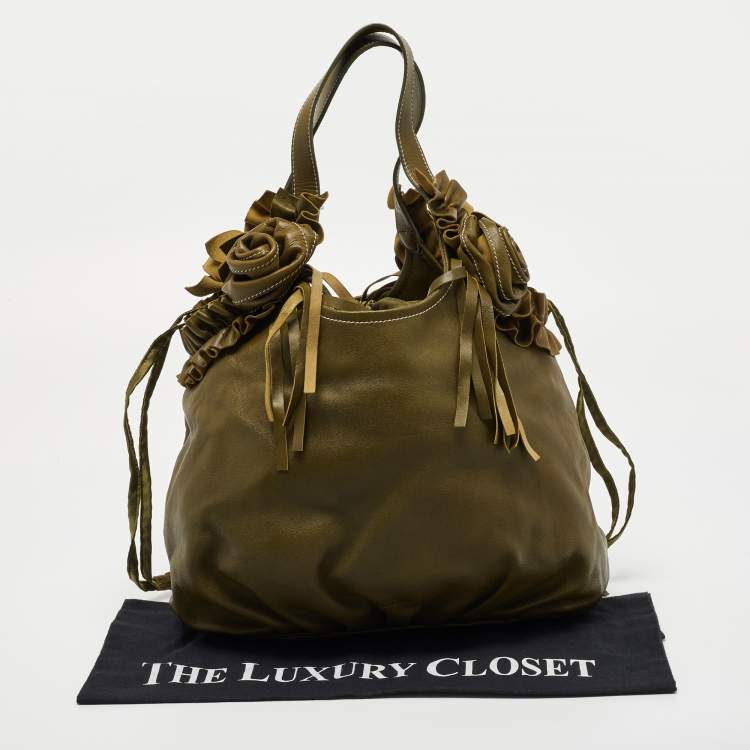 Pre Owned Moschino Green Leather and Satin Floral Applique Drawstring Bag   