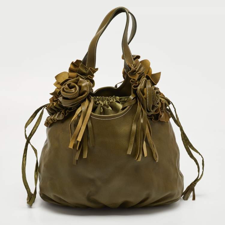 Pre Owned Moschino Green Leather and Satin Floral Applique Drawstring Bag   