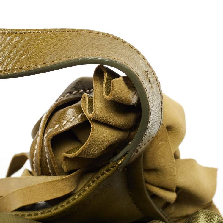Pre Owned Moschino Green Leather and Satin Floral Applique Drawstring Bag   