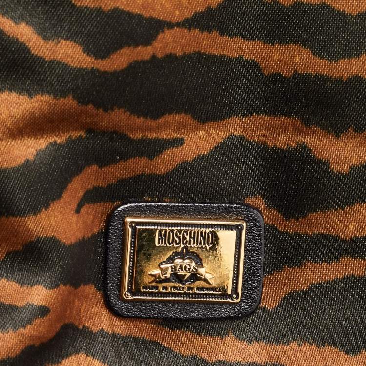 Pre Owned Moschino Brown/Black Zebra Print Fabric and Leather Zip Tote