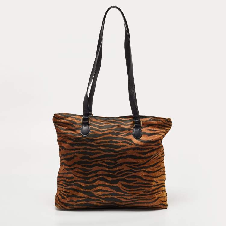 Pre Owned Moschino Brown/Black Zebra Print Fabric and Leather Zip Tote