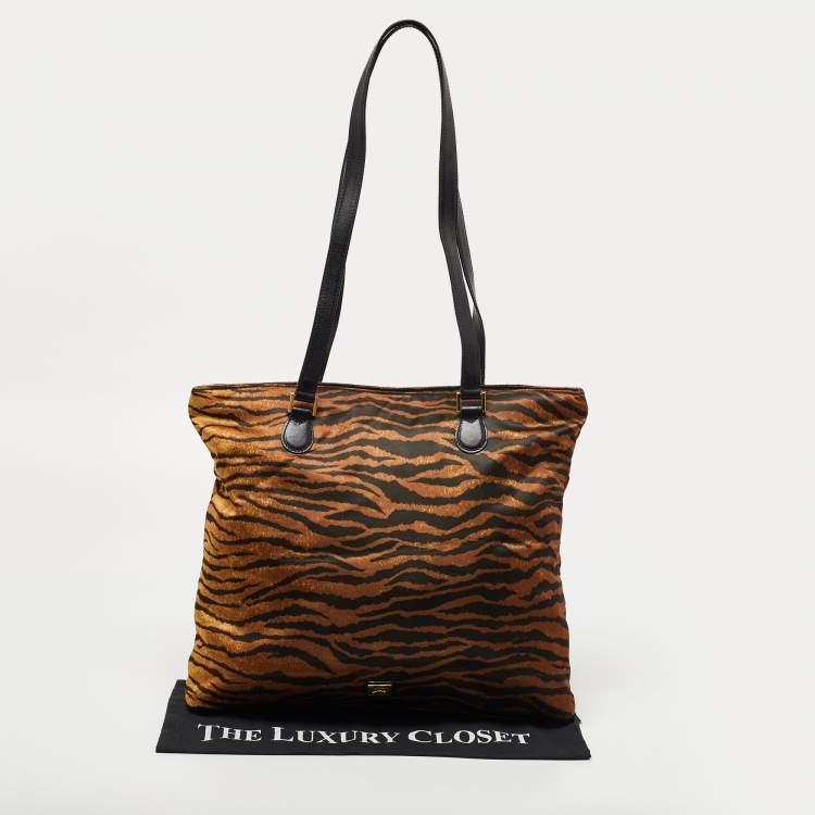 Pre Owned Moschino Brown/Black Zebra Print Fabric and Leather Zip Tote