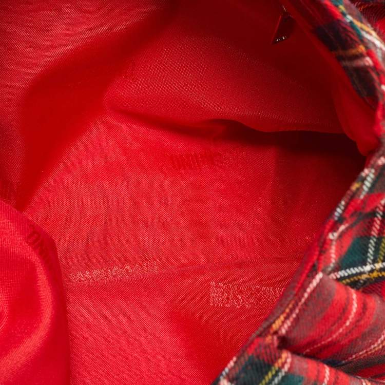 Pre Owned Moschino Red Plaid Wool and Leather Floral Applique Baguette Bag