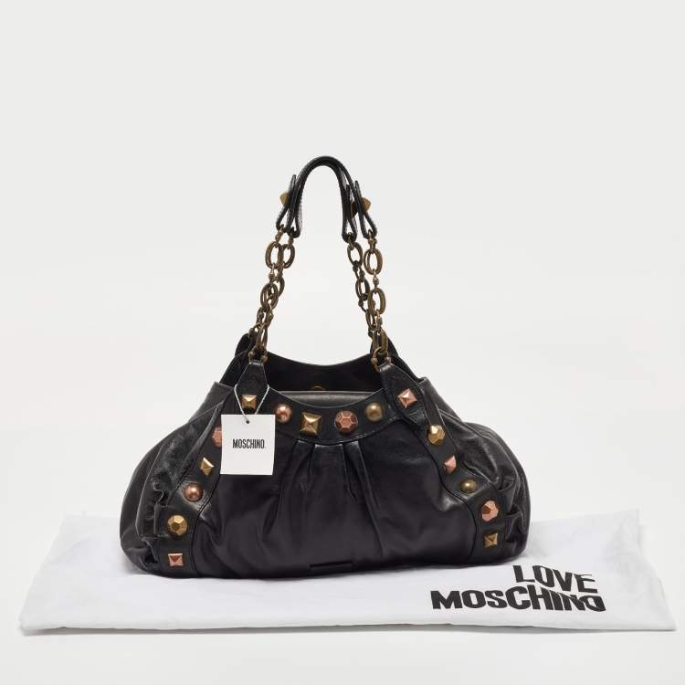 Pre Owned Moschino Black Leather Embellished Chain Link Satchel