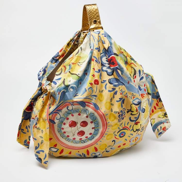 Pre Owned Moschino Multicolor Floral Print Fabric and Watersnake Leather Hobo