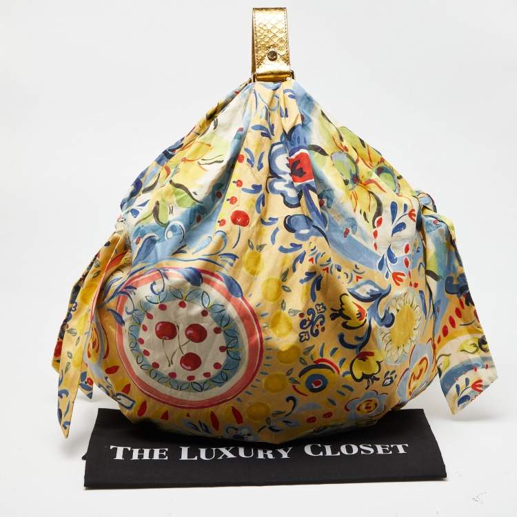 Pre Owned Moschino Multicolor Floral Print Fabric and Watersnake Leather Hobo