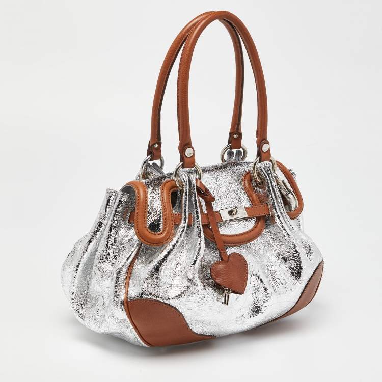 Pre Owned Moschino Metallic Silver/Tan Foil Leather Flap Satchel