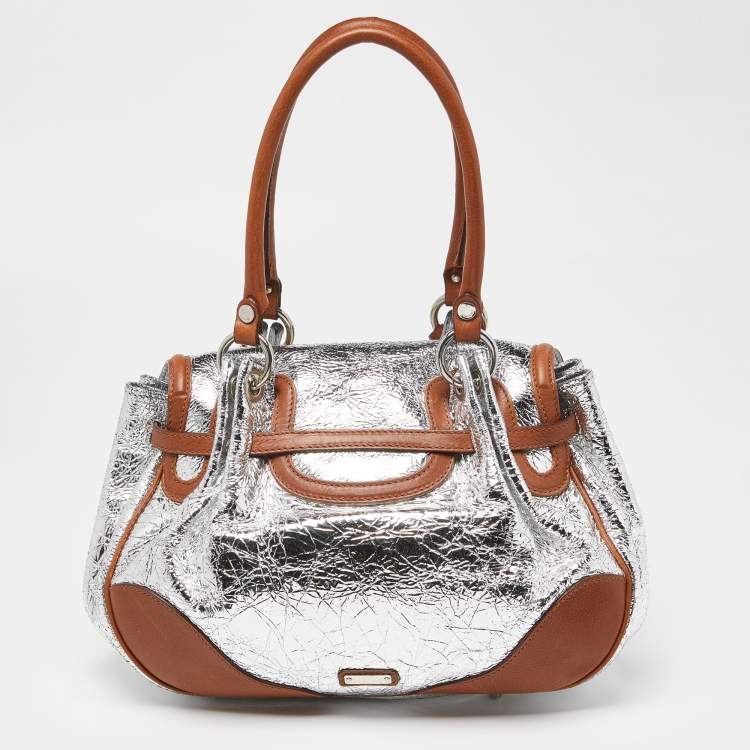 Pre Owned Moschino Metallic Silver/Tan Foil Leather Flap Satchel