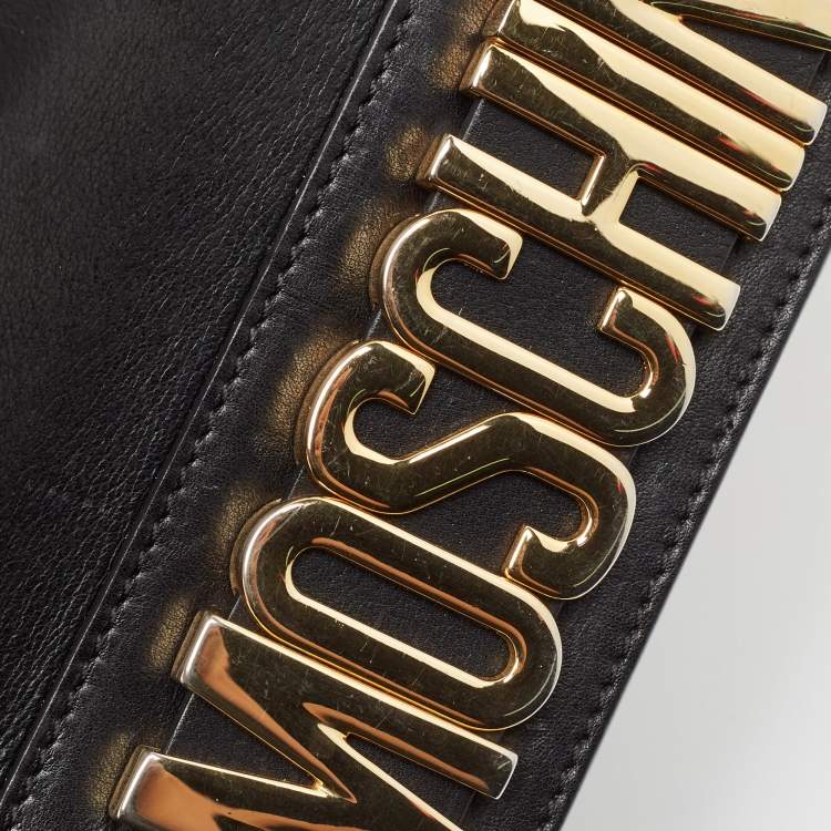 Pre Owned Moschino Black Leather Studded Logo Flap Crossbody Bag