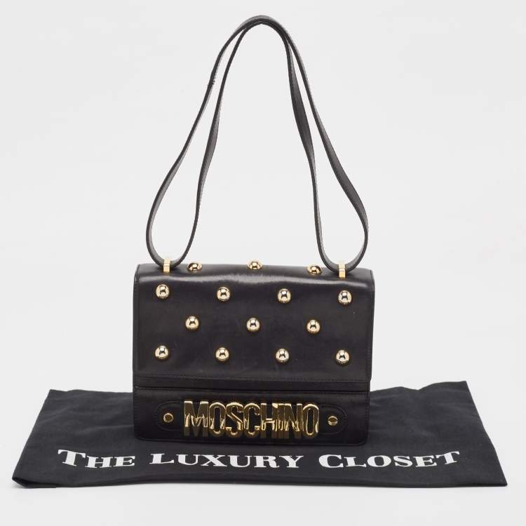 Pre Owned Moschino Black Leather Studded Logo Flap Crossbody Bag