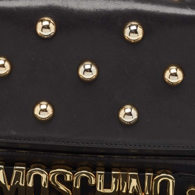 Pre Owned Moschino Black Leather Studded Logo Flap Crossbody Bag