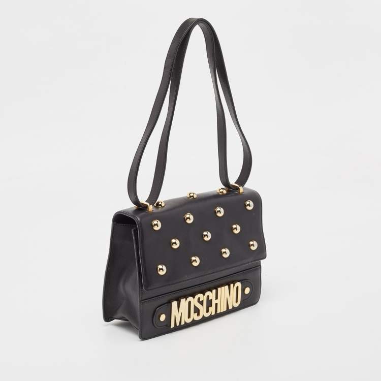 Pre Owned Moschino Black Leather Studded Logo Flap Crossbody Bag