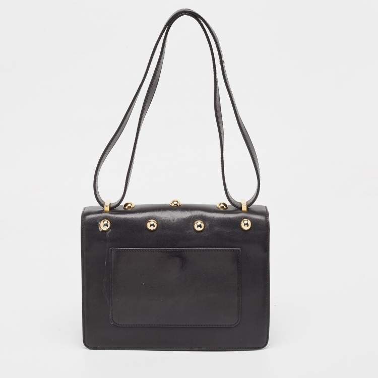 Pre Owned Moschino Black Leather Studded Logo Flap Crossbody Bag