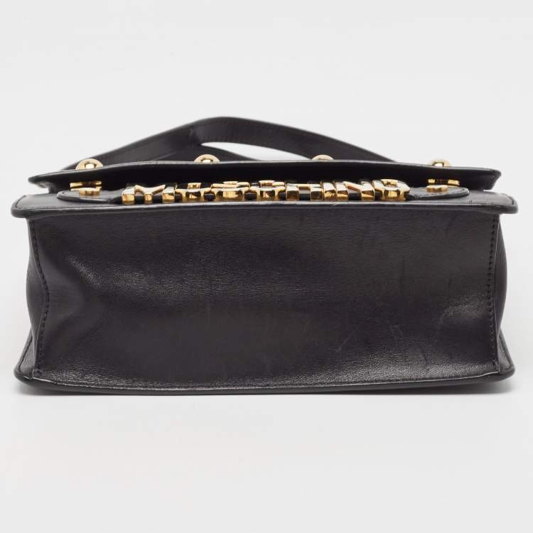 Pre Owned Moschino Black Leather Studded Logo Flap Crossbody Bag