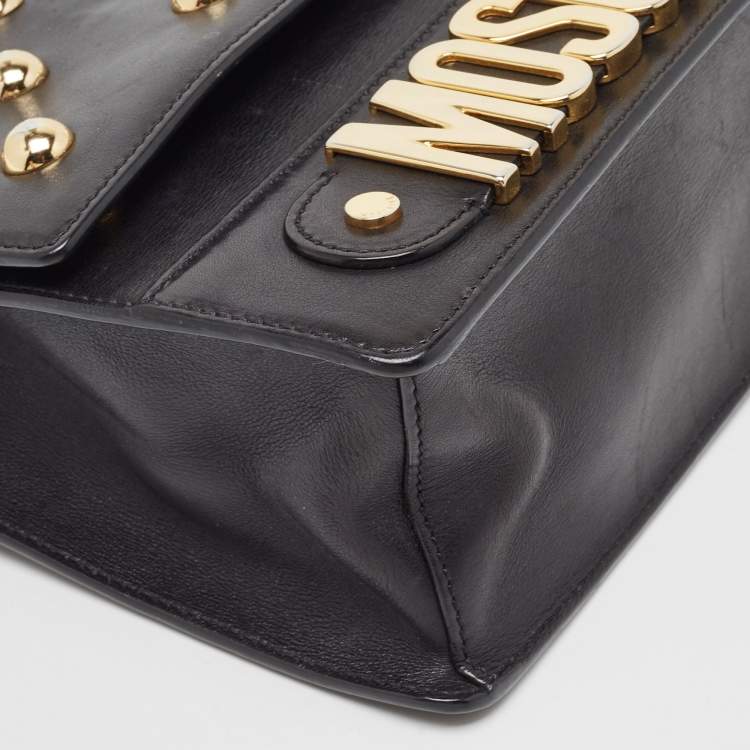 Pre Owned Moschino Black Leather Studded Logo Flap Crossbody Bag