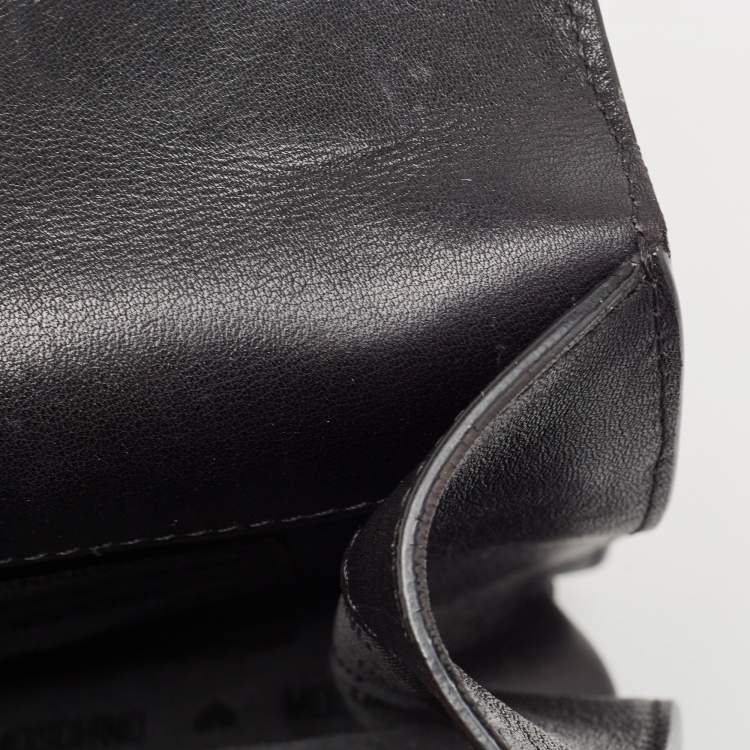 Pre Owned Moschino Black Leather Studded Logo Flap Crossbody Bag