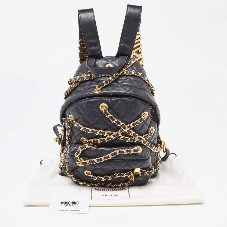 Pre Owned Moschino Black Quilted Faux Leather Chain Link Backpack