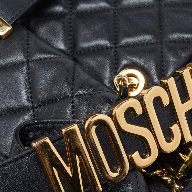Pre Owned Moschino Black Quilted Faux Leather Chain Link Backpack