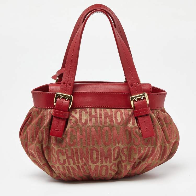 Pre Owned Moschino Red Signature Canvasand Leather Heart Charm Hobo