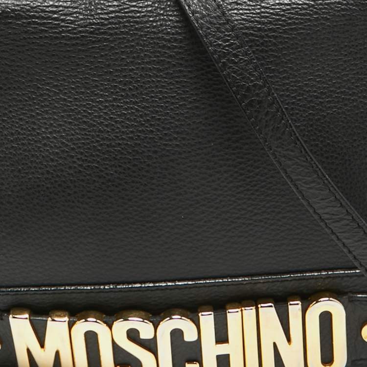 Pre Owned Moschino Black Leather Logo Flap Top Handle Bag