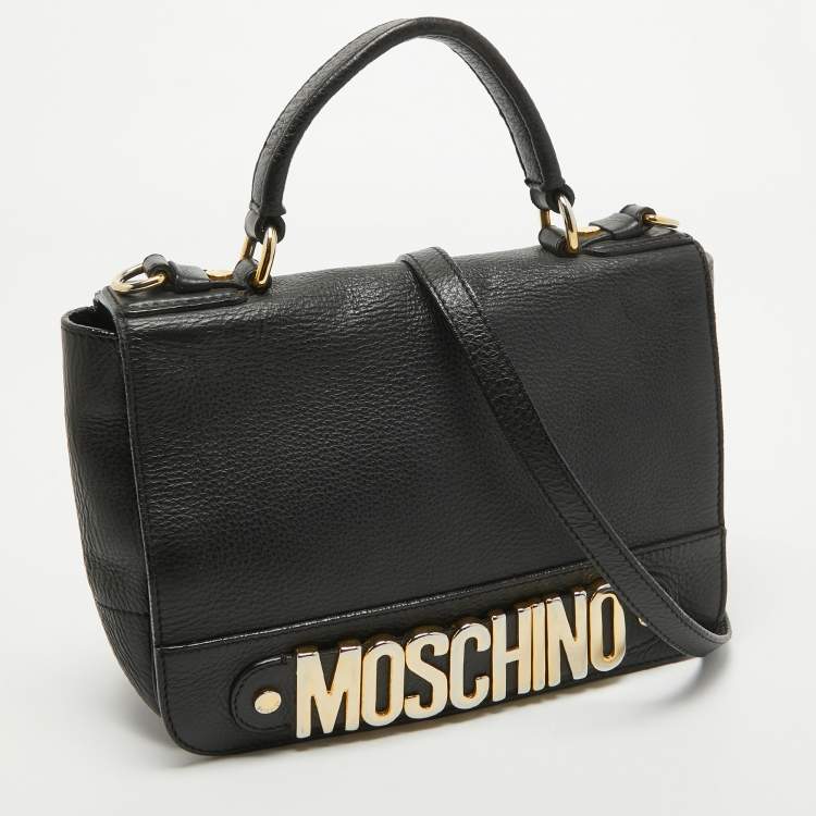 Pre Owned Moschino Black Leather Logo Flap Top Handle Bag