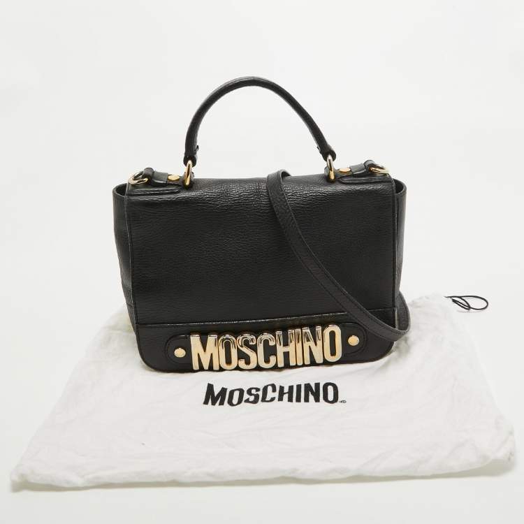 Pre Owned Moschino Black Leather Logo Flap Top Handle Bag