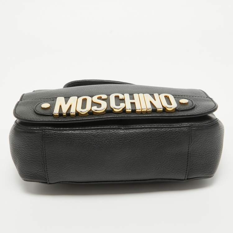 Pre Owned Moschino Black Leather Logo Flap Top Handle Bag