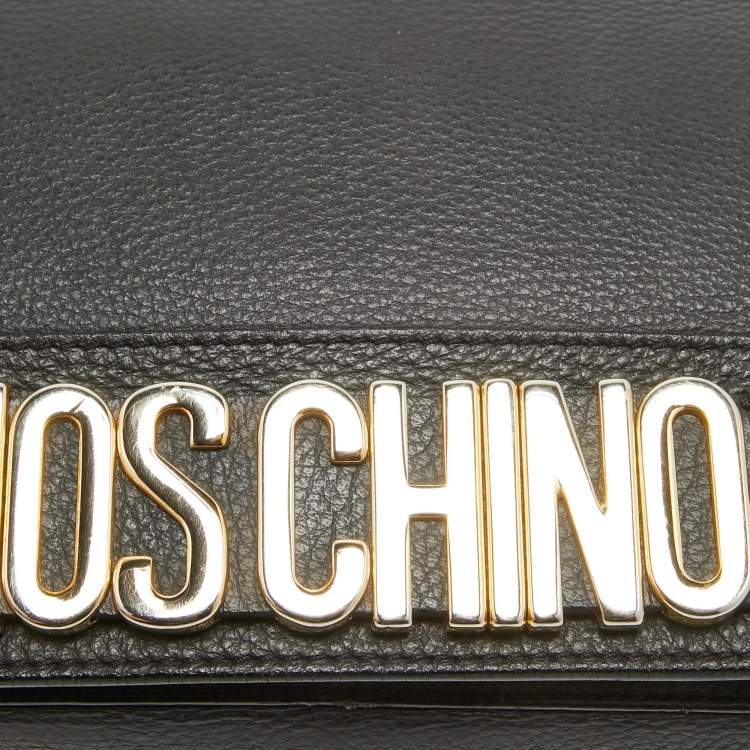 Pre Owned Moschino Black Leather Logo Flap Top Handle Bag