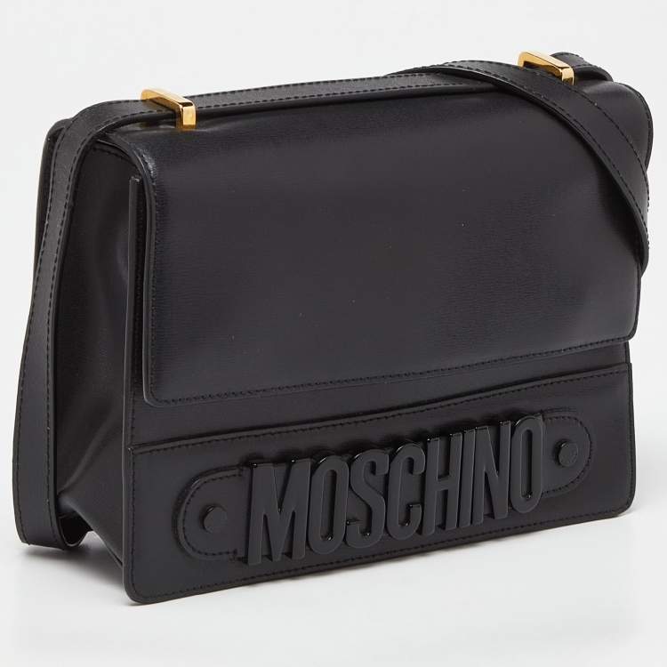 Pre Owned Moschino Black Leather Logo Flap Shoulder Bag