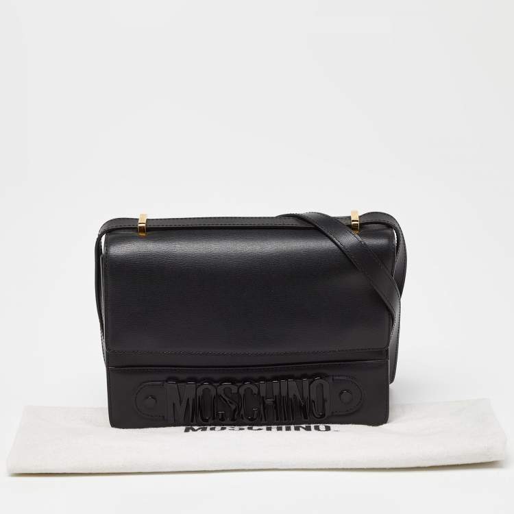 Pre Owned Moschino Black Leather Logo Flap Shoulder Bag