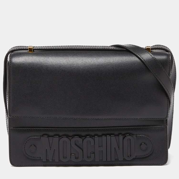Pre Owned Moschino Black Leather Logo Flap Shoulder Bag