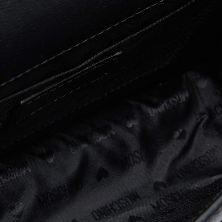 Pre Owned Moschino Black Leather Logo Flap Shoulder Bag