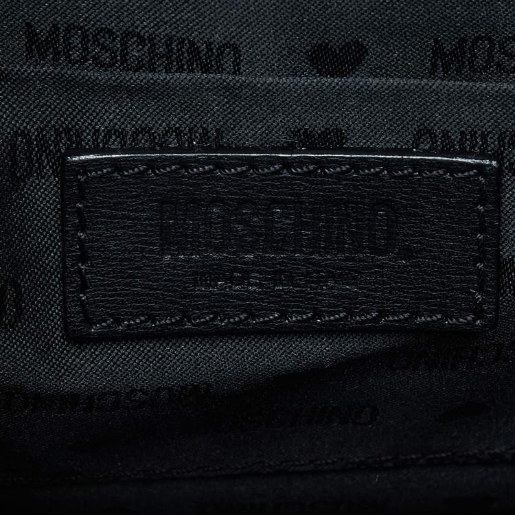 Pre Owned Moschino Black Leather Logo Flap Shoulder Bag