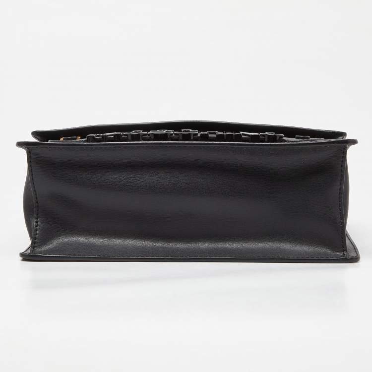 Pre Owned Moschino Black Leather Logo Flap Shoulder Bag