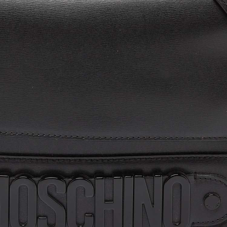 Pre Owned Moschino Black Leather Logo Flap Shoulder Bag