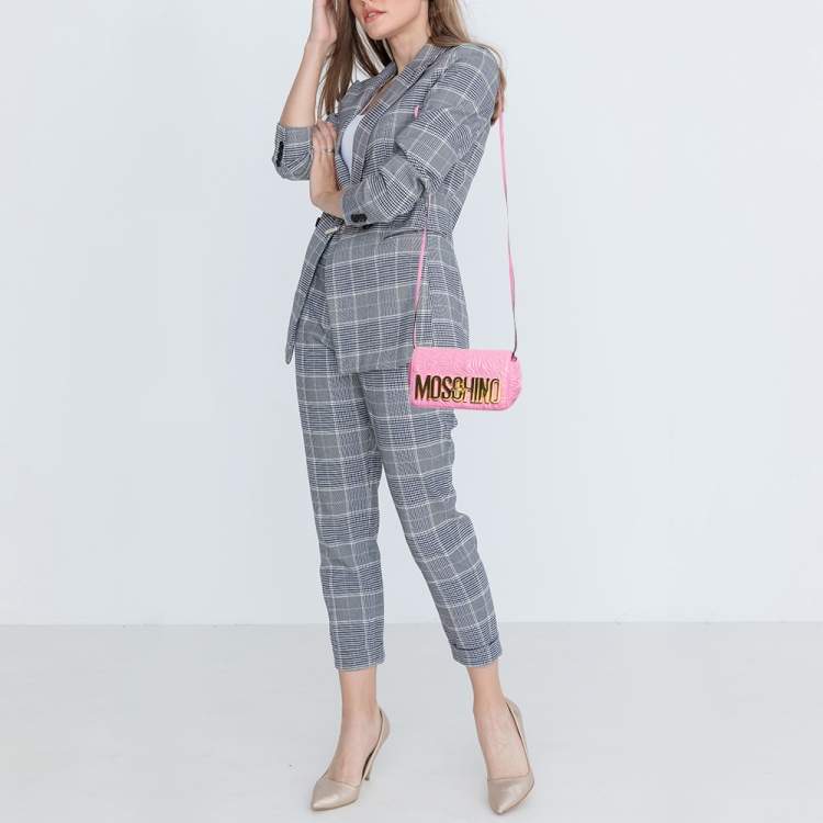 Pre Owned Moschino Pink Embroidered Leather Logo Crossbody Bag