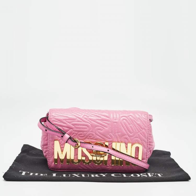 Pre Owned Moschino Pink Embroidered Leather Logo Crossbody Bag