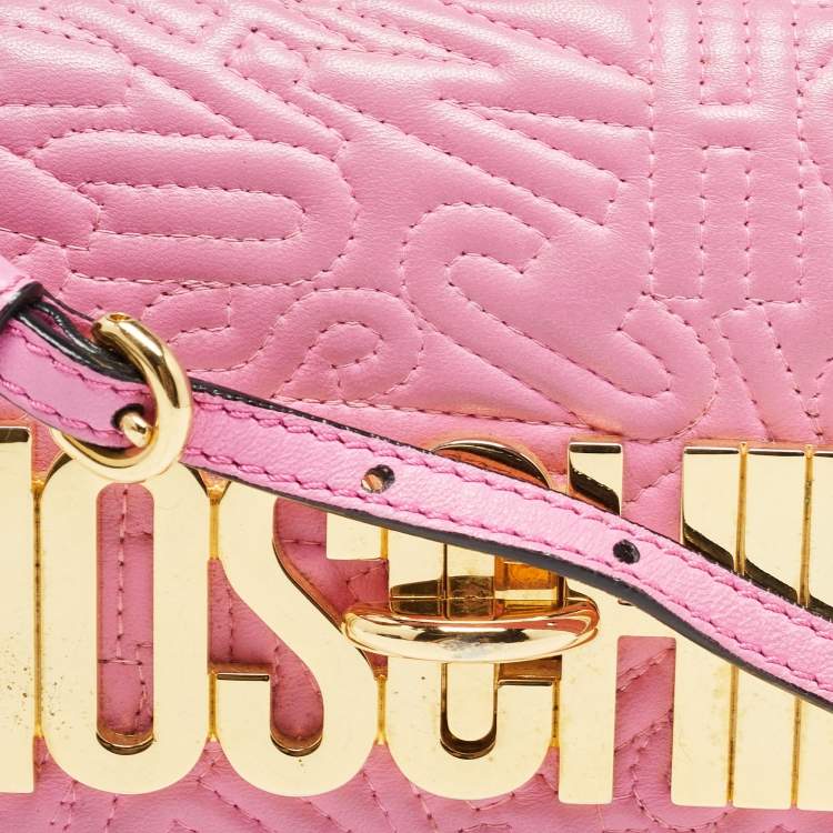 Pre Owned Moschino Pink Embroidered Leather Logo Crossbody Bag
